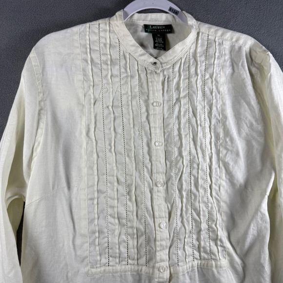 Lauren Ralph Lauren Women 1X Cream Linen Pintuck Band Collar Button Up Shirt LRL - Picture 2 of 7